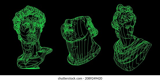 Set of 3D models of gypsum heads. Cyberpunk sci-fi style vector illustration.