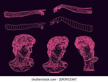 Set of 3D models of gypsum heads. Cyberpunk sci-fi style vector illustration.