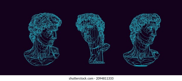 Set of 3D models of gypsum heads. Cyberpunk sci-fi style vector illustration.