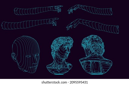 Set of 3D models of gypsum heads. Cyberpunk sci-fi style vector illustration.