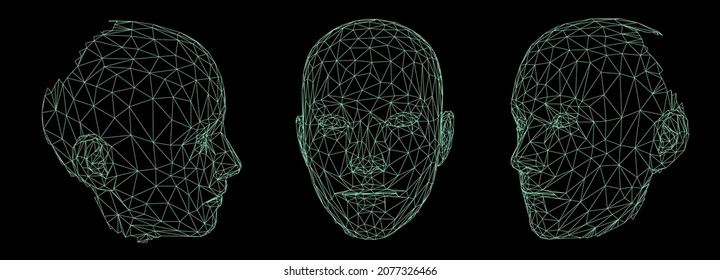 Satz von 3D-Modelle des menschlichen Kopfes aus polygonalen Gitter. Konzept für maschinelles Lernen, künstliche Intelligenz und Robotik.