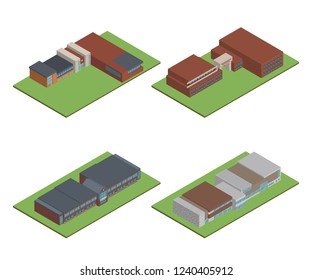 Set of 3D modern office or school building and environment with tree, fence and roads, Isometric of university or modern building and architecture, Flat office, school, university vector illustration.