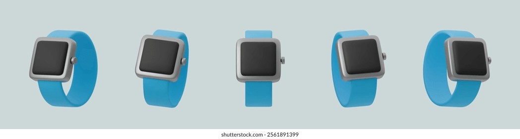 Set of 3d Modern smartwatch on a with  blue strap. Vector illustration appropriate for technology fitness and notifications