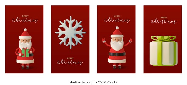 Set of 3d modern vertical illustration featuring Santa Claus, Christmas gift, snowflake on  soft red background. With the text Merry Christmas in elegant typography. Vector illustration