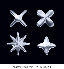 Set of 3D monochrome metal shape elements for Y2K style design on a black background. Monochrome metal surface.