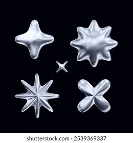 Set of 3D monochrome metal shape elements for Y2K style design on a black background. Monochrome metal surface.