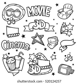 Set of 3d movie design elements and cinema objects in cartoon style.