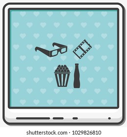 Set of 3d movie glasses with popcorn and soda flat vector icon.