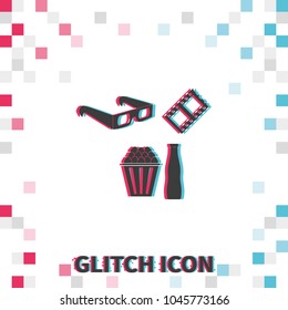 Set of 3d movie glasses with popcorn and soda  glitch effect vector icon.