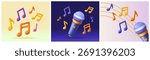 Set of 3D music banners. Backgrounds with microphone, melody and sound symbols, musical notes and lines. Listen to song. Plasticine style vector illustration collection isolated on background