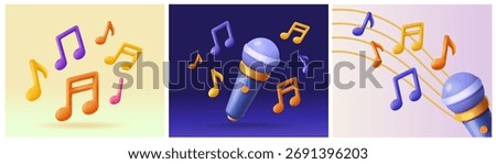 Set of 3D music banners. Backgrounds with microphone, melody and sound symbols, musical notes and lines. Listen to song. Plasticine style vector illustration collection isolated on background
