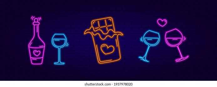 Set of 3d Neon Design Elements Wine Bottle, Glasses and Chocolate. A Romantic Evening. Bright neon sign.