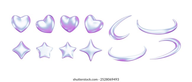 Set of 3d neon stars, heart and abstract orbits. Futuristic elements. Inflated platinum techno objects. Holographic vector illustration for future, y3k designs. Cyber romantic and galaxy icons.