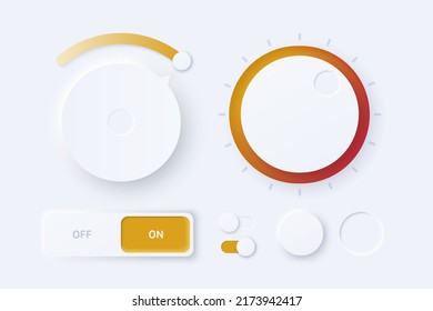 Set of 3D neumorphism light control vector buttons. Geometric shapes: circle, square, rectangle on white background with light shadows. 