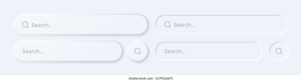 Set of 3D neumorphism search vector buttons for mobile app. Geometric shapes white background with light shadows. 