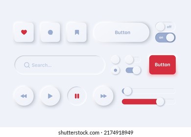 Juego de botones vectores de neumorfismo 3D para aplicaciones móviles: búsqueda, reproductor, conmutador, etc. Formas geométricas: círculo, cuadrado, rectángulo sobre fondo blanco con sombras claras. 