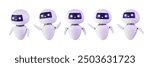 Set of 3d Neural network chat bot. AI servers technology. Cute mascot in various pose. Help assistance, artificial intelligence support device. Smart robotics render. Isolated vector illustration. 