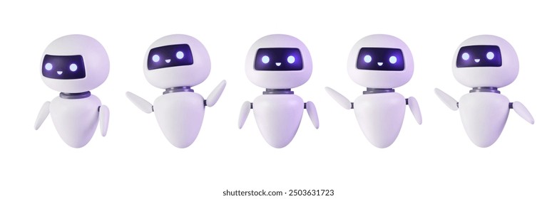 Set of 3d Neural network chat bot. AI servers technology. Cute mascot in various pose. Help assistance, artificial intelligence support device. Smart robotics render. Isolated vector illustration. 