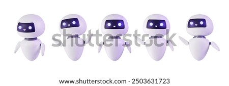 Set of 3d Neural network chat bot. AI servers technology. Cute mascot in various pose. Help assistance, artificial intelligence support device. Smart robotics render. Isolated vector illustration. 