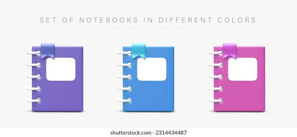 Set of 3D notebooks in different colors. Personal planers with vertical springs and tabs. School and office stationery. Vector icons with shadows on light background. Unsigned notebooks