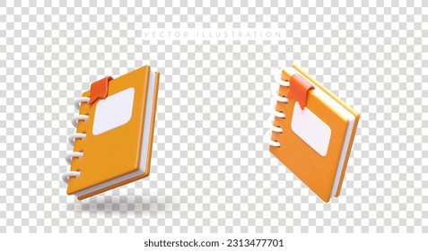 Set of 3d notebooks with orange cover in different positions. Poster with products for stationery store concept. Colorful vector illustration in cartoon style