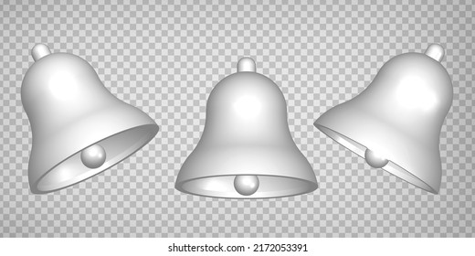 Set  of 3d notification bell  icon isolated on transparent background. 3d render white ringing bell  for social media reminder. Realistic vector icon. EPS 10