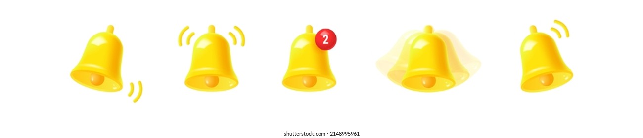 Set of 3d notification bells icons isolated on white background. Vector realistic illustration.