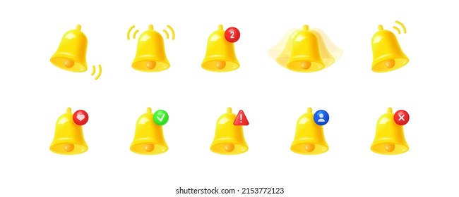 Set of 3d notification bells icons isolated on white background. Vector realistic illustration.