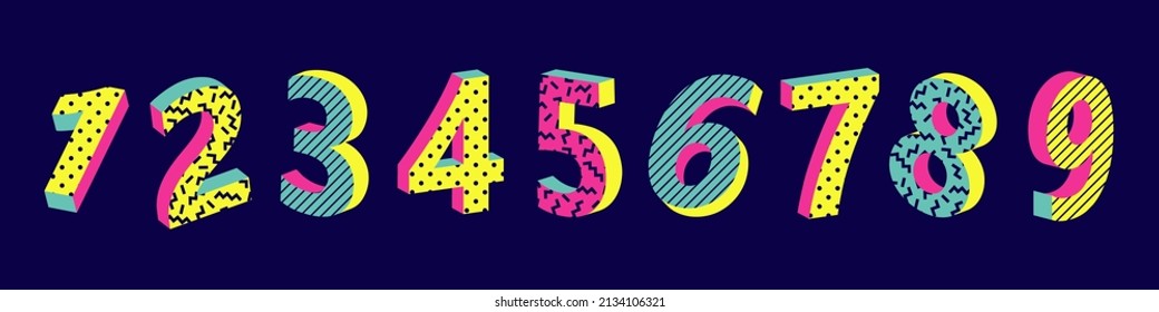 set of 3D numbers with a Memphis-style pattern isolated on a dark background. isometric drawing of numbers in bright neon colors. flat drawing with isometry effect and 3D. 
stock vector illustration. 