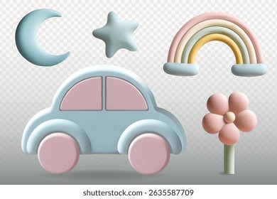 Set of 3d nursery elements. Flower, car, moon, star, rainbow. 3d kids toys. Pastel color. 