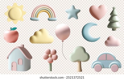 Conjunto de Elementos 3d de vivero. Arco iris, nubes, luna, estrella, casa, coche, árbol, sol. Juguetes 3D para niños. Color pastel. 