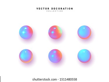 Set 3d object round sphere, ball with gradient holographic color of hologram. vector illustration