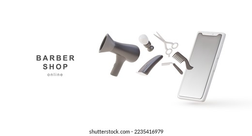 Set of 3d objects for a barbershop flying from a phone on a white background. Vector illustration.