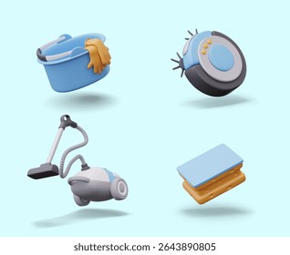 Set of 3D objects for cleaning in cartoon style. Plastic bucket with rubber gloves, vacuum cleaner, robot, sponge. Isolated templates for creatives, advertising, compositions