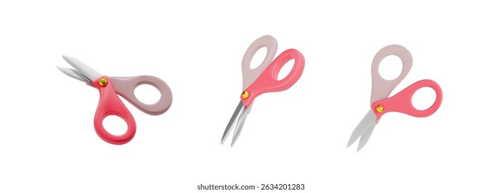 um conjunto de objetos 3d em ângulos diferentes. Tesoura para cabeleireiro, alfaiate ou escola. Papelaria. Ilustração vetorial em fundo branco isolado