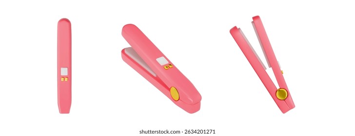 A set of 3d objects. Hair straightener in different angles in pink color. Vector illustration on isolated white background