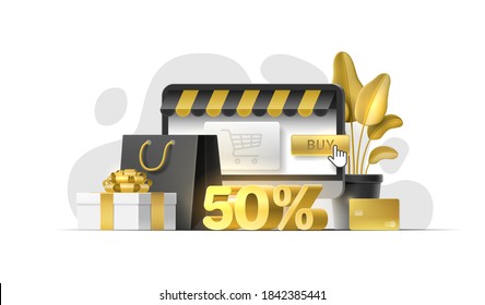 Set of 3D objects for online store, sale banner, discount shop, flyer, social media, mobile app, site. Fifty percent off. Vector template with plant, shopping bag, price tag, gift box, gold ribbon