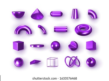 Set of 3d Objects Purple Geometric Shapes. Realistic geometry elements isolated on white background, on metallic color gradient. Render Decorative violet figure for design. vector illustration