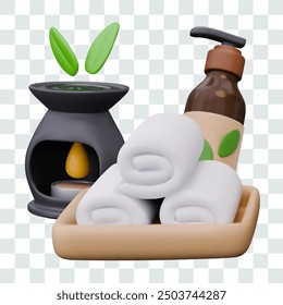 Set of 3D objects for spa salon. Aroma lamp, bottle with dispenser, wooden plate with rolled towels