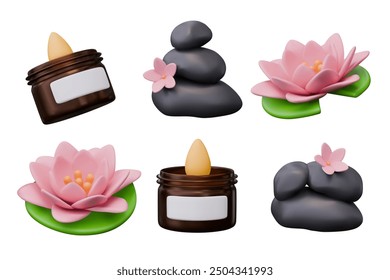 Set of 3D objects for spa treatments. Aroma candle in jar, black stone for warming massage, lotus