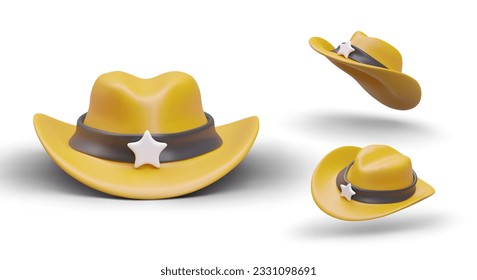 Set of 3D old western sheriff hat images. Vintage headgear of American police officer. View from side, top, bottom. Isolated vector image on white background. Concept for themed stores