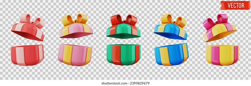 Juego de caja de regalo 3D abierta con una colorida lazo de arco sobre fondo transparente.Diferentes colores Caja de regalo abierta realista para regalo, navidad, cumpleaños, valentina o banner de boda.Ilustración vectorial eps10