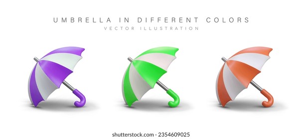 Conjunto de paraguas abiertos en 3D sobre fondo blanco. Protección del clima. Iconos para el sitio meteorológico, aplicación. Seguro. Símbolo de sexo seguro. Ilustraciones de color para la tienda sexual
