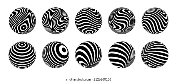  Set of 3d optical illusions on spheres. Spheres from twisted stripes. Illusion effect. Black and white 3d art. Vector illustration.