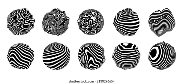 Set of 3d optical illusions on spheres. Spheres from twisted stripes. Illusion effect. Black and white 3d art. Vector illustration.