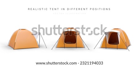 Set of 3D orange camping tents on white background. Folding house for camping. Realistic tourist tent with canopy. Equipment for sleeping outside. Vector image