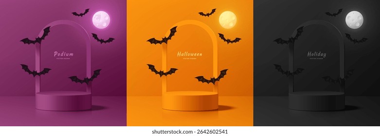 Set of 3D orange, purple and black podium background in Halloween festival with flying bat. Abstract minimalist design. Studio display showroom stands product pedestal, Stage showcase mockup scene.