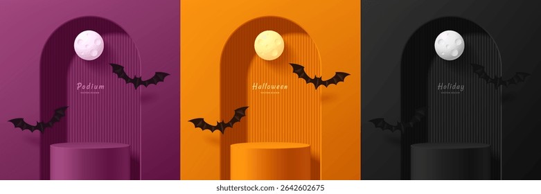 Set of 3D orange, purple and black podium background in Halloween festival with flying bat. Abstract minimalist design. Studio display showroom stands product pedestal, Stage showcase mockup scene.