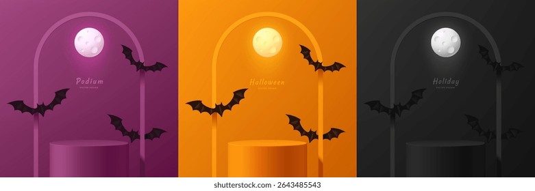 Set of 3D orange, purple and black podium background in Halloween festival with flying bat. Abstract minimalist design. 3D Studio display showroom stands product pedestal, Stage showcase mockup scene.