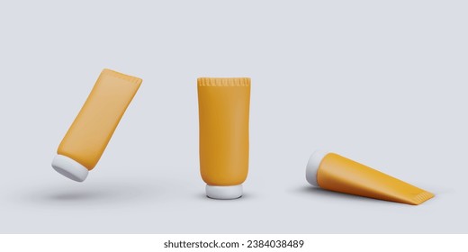 Set of 3D orange tubes without marking, mockup. Container for pastes, creams, liquid substances. Vector color image. Template for site of cosmetic products, detergents, medicines